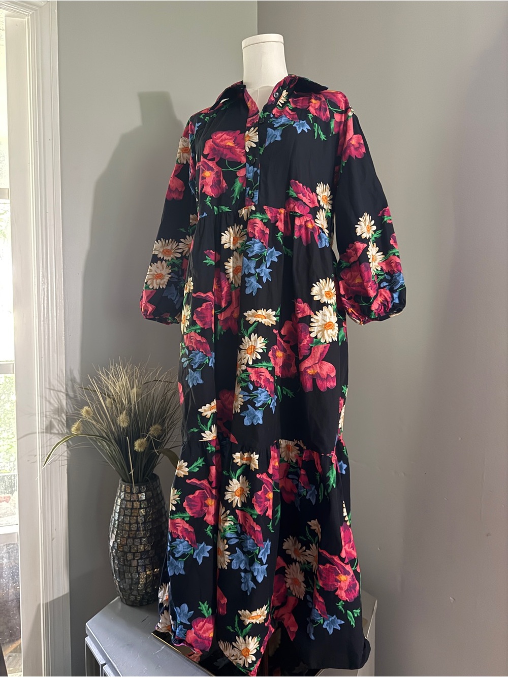 Maeve Bettina Floral Button-Front Maxi Dress in Black
